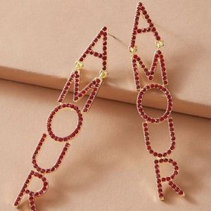 Red diamond gold AMOUR hanging earrings
